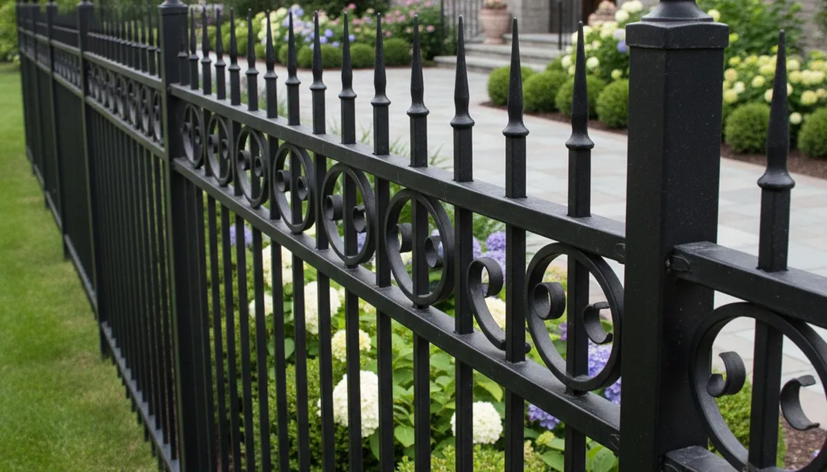 Ornamental black metal fence with decorative details by Chop Chop Landscaping in Oak Park, IL