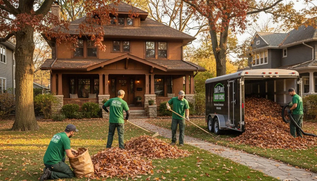 Fall leaf cleanup by professional landscapers in Oak Park, IL performing seasonal yard maintenance