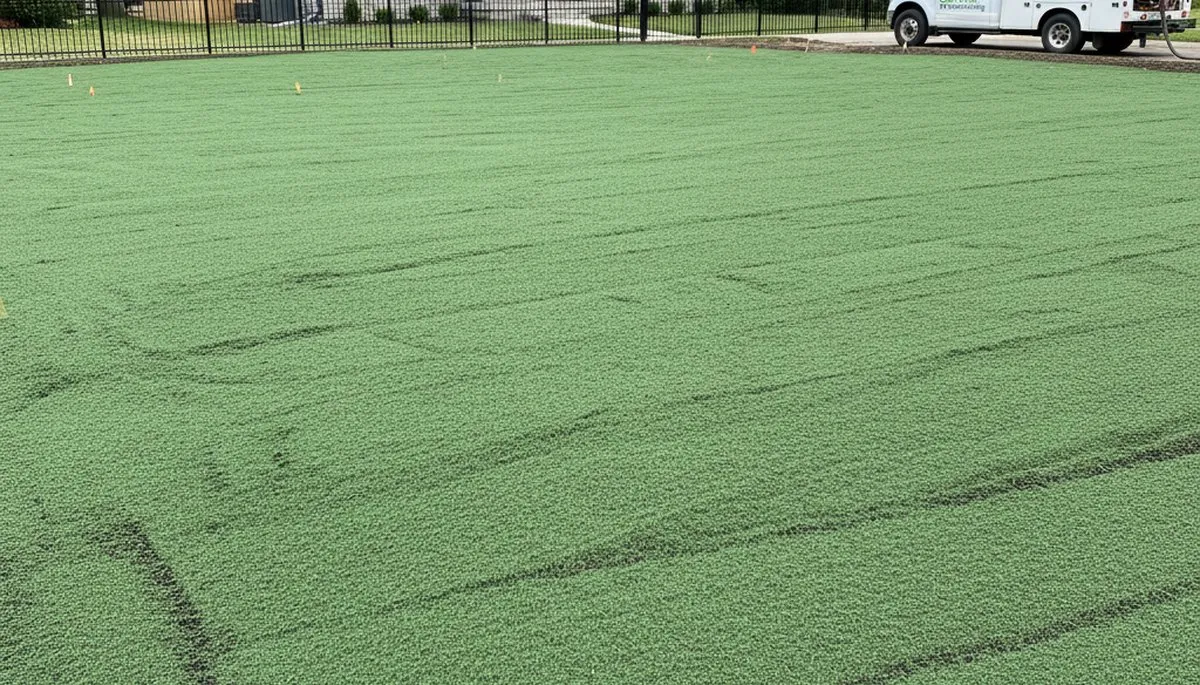 Fresh hydroseed slurry coating newly prepped lawn by Chop Chop Landscaping in Oak Park, IL