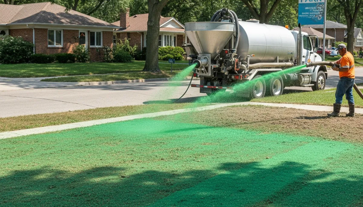Hydroseeder truck spraying green slurry on new lawn in Oak Park, IL by Chop Chop Landscaping
