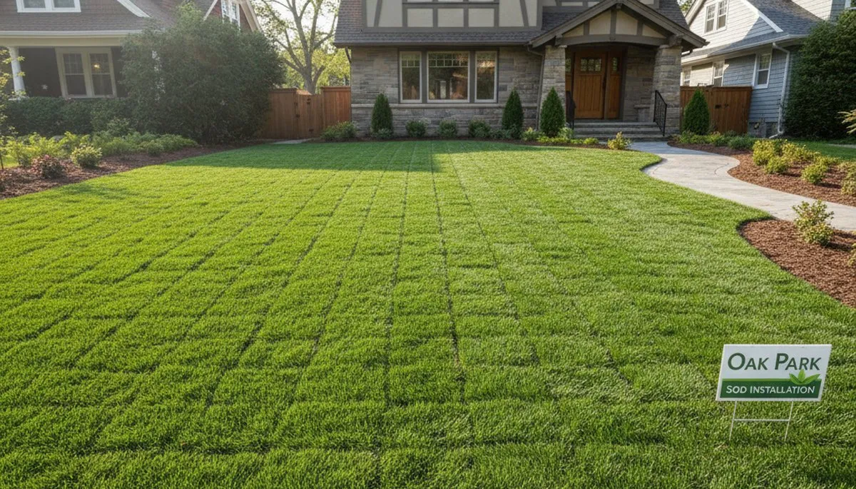 Freshly installed green sod lawn by Chop Chop Landscaping in Oak Park, IL showing instant landscape upgrade