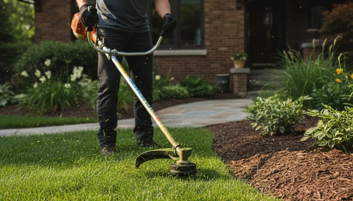 Technician performing precise lawn edging with string trimmer in Oak Park, IL for professional maintenance
