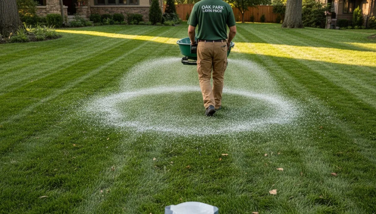 Lawn care technician spreading fertilizer evenly on residential lawn in Oak Park, IL