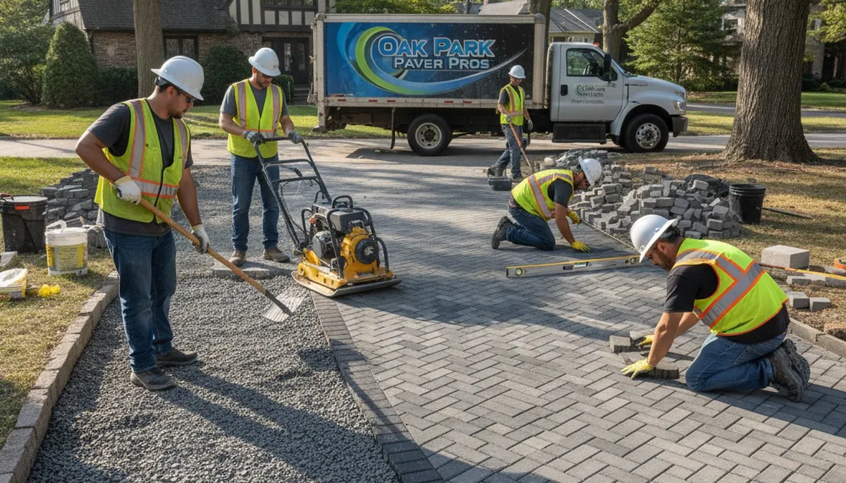 Professional crew installing driveway pavers in Oak Park, IL with expert landscaping precision