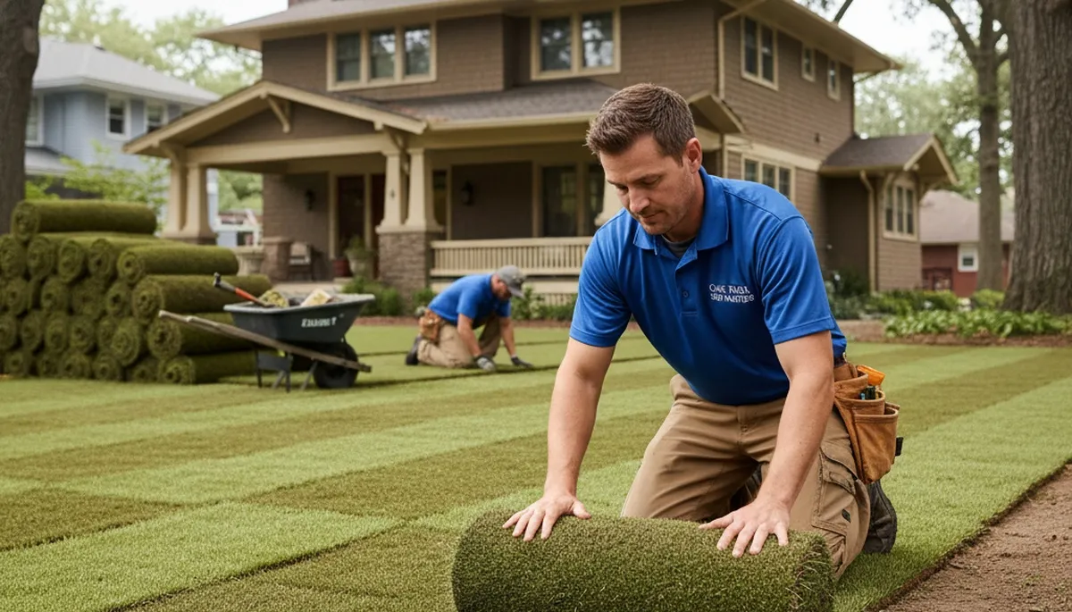Professional landscaper installing fresh sod rolls in Oak Park, IL for a seamless, healthy new lawn
