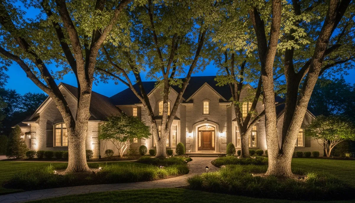 Mature trees with professional uplighting at night by Chop Chop Landscaping in Oak Park, IL